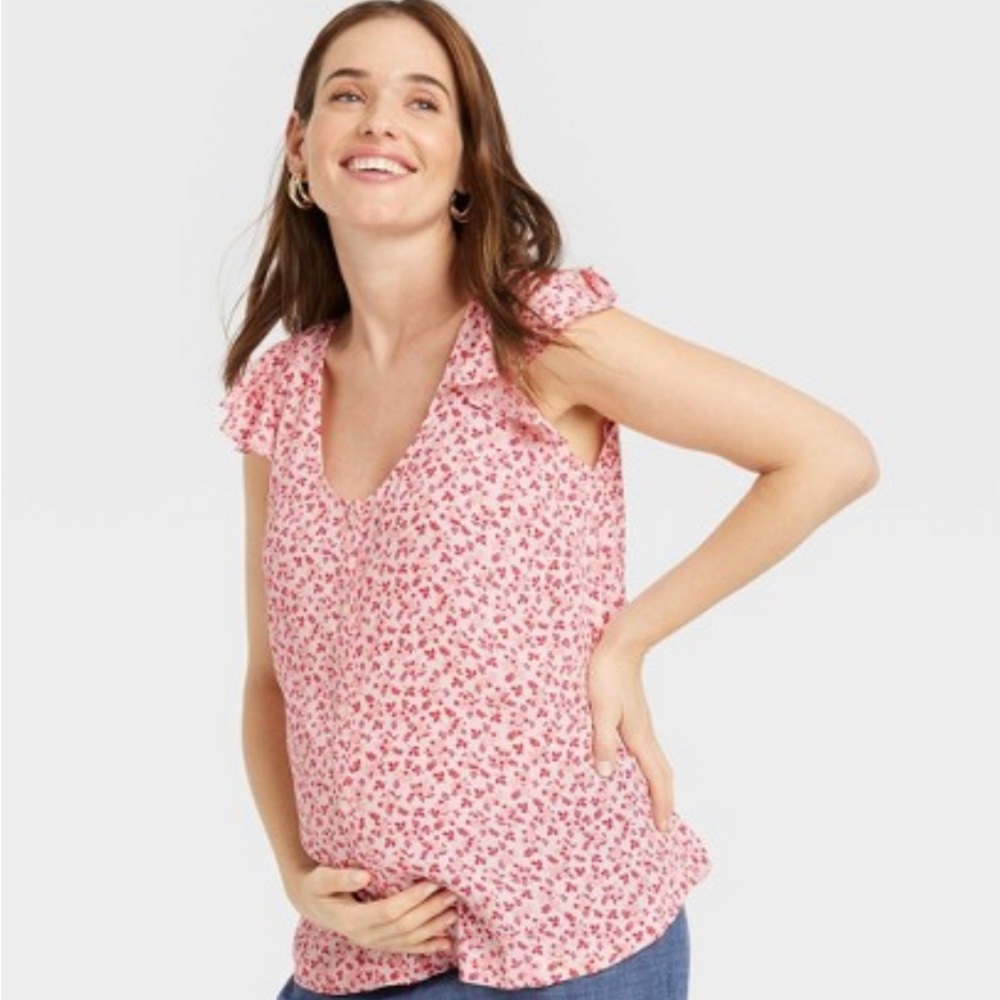 The Nines by Hatch Flutter Short Sleeve Maternity Blouse Size XS Pink